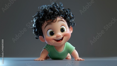 Cartoon baby crawling, studio shot, happy expression, gray background