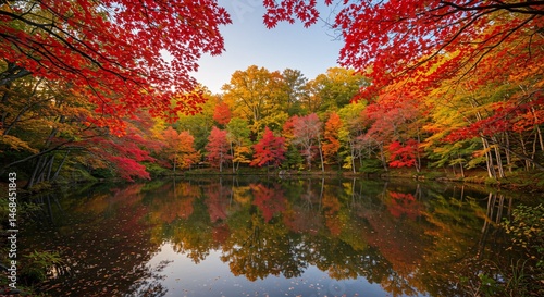Fototapeta Naklejka Na Ścianę i Meble -  Vibrant Autumn Reflections A Serene Pond Mirroring Colorful Fall Foliage