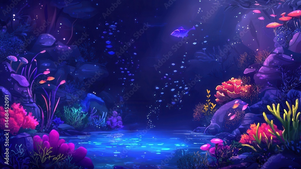 Obraz premium Vibrant Underwater Scene with Glowing Coral Reef and Fish