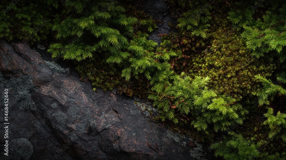 Obraz premium Lush green moss and ferns growing on textured rocky surface in a serene natural environment