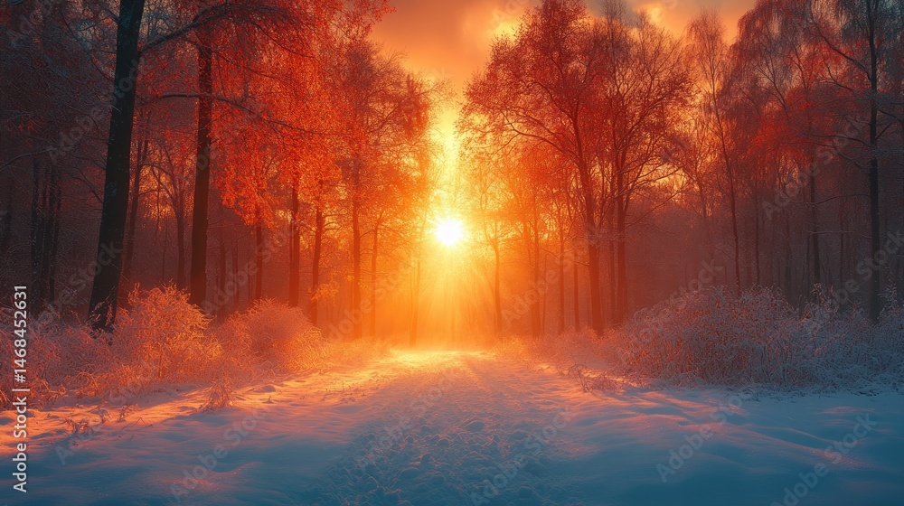 Naklejka premium Winter wonderland path illuminated by a vibrant sunset.