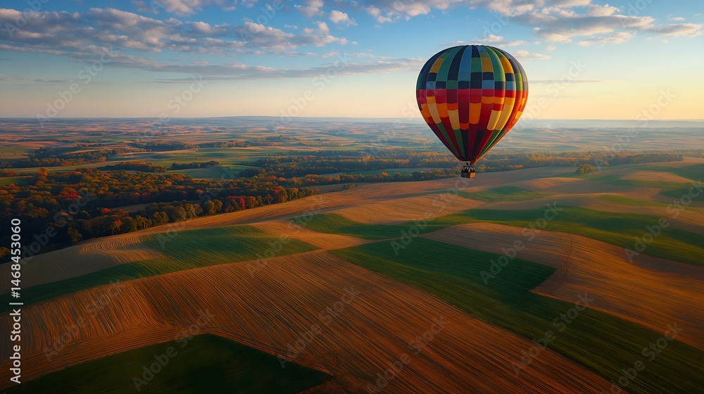 Obraz premium A hot air balloon floating over a landscape. 