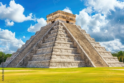 Majestic ancient pyramid of Chichen Itza under a bright sky, surrounded by lush greenery and clouds
