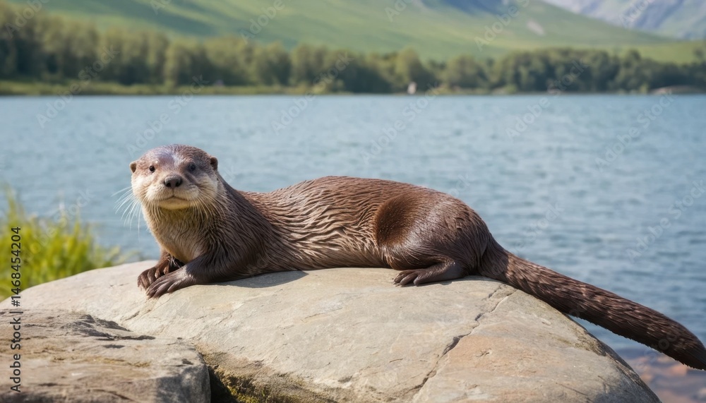 Fototapeta premium A cute brown fur mammal, like a small-clawed otter relative, with whiskers and clawed paws, is seen in a portrait in the wild nature of the mountains and on a wet rock