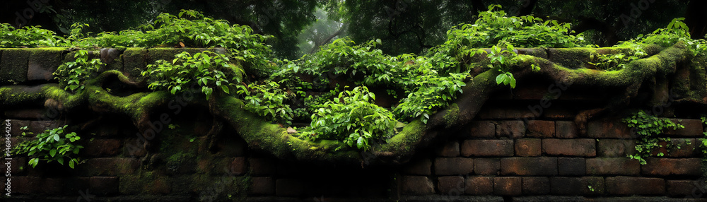 old brick wall covered in lush vines and moss old brick wall covered in lush vines and moss
