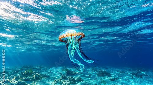 Colorful Jellyfish Swimming Underwater In Clear Turquoise Water