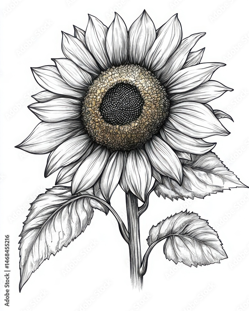 Fototapeta premium Detailed black and white illustration of a sunflower showcasing its intricate petals and leaves. Copy space, Isolate on white background