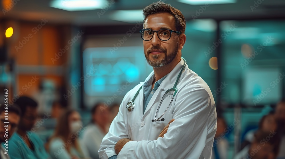 A charismatic male doctor standing in a hospital A charismatic male doctor standing in a hospital