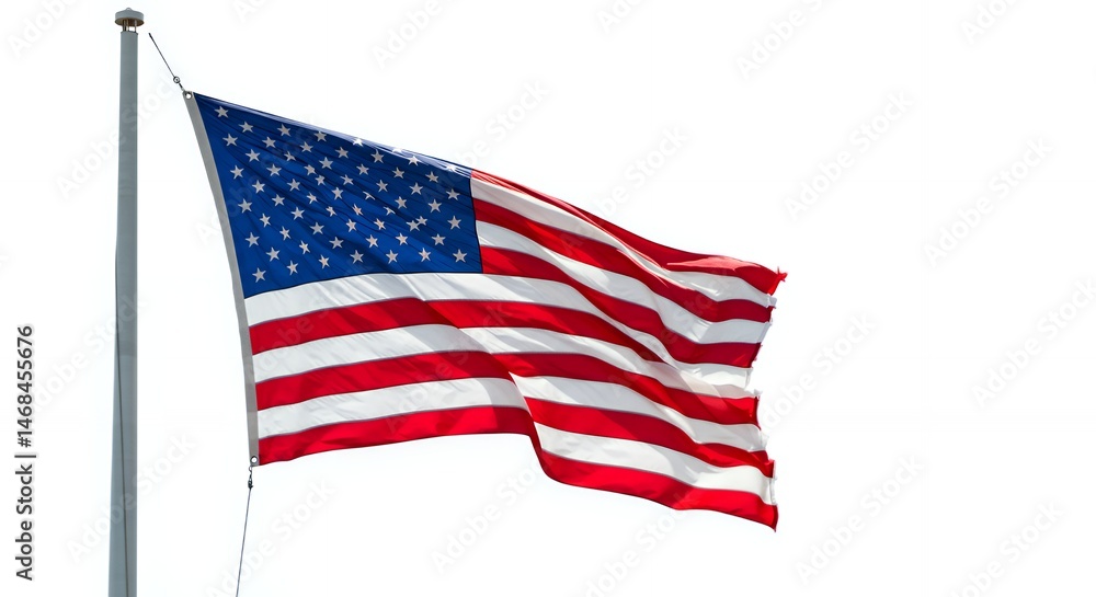 Obraz premium The American flag waving proudly in the wind against a bright white sky, showcasing the iconic stars and stripes of the United States of America