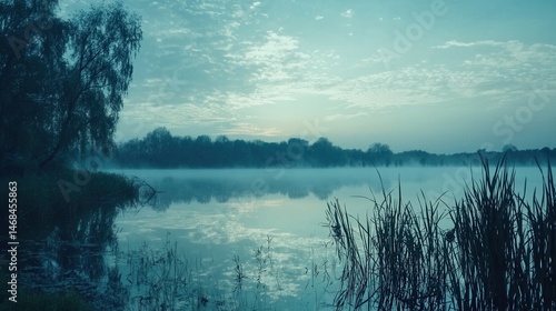 Serene morning mist over calm lake trees reflected in still water
