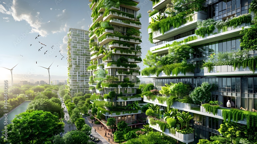 A futuristic eco-city with vertical gardens and solar panels A futuristic eco-city with vertical gardens and solar panels