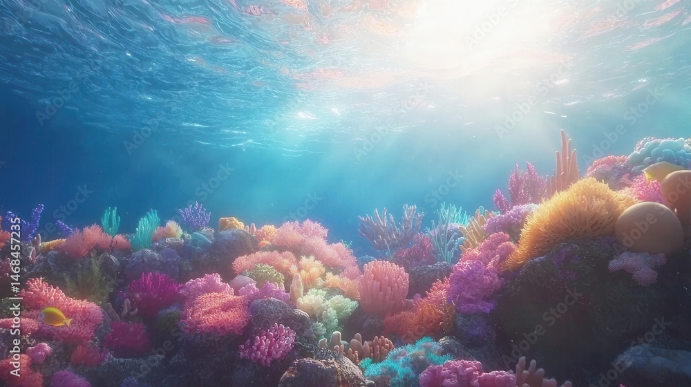 Fototapeta premium Vibrant Coral Reef Underwater Scene Sunlit Ocean