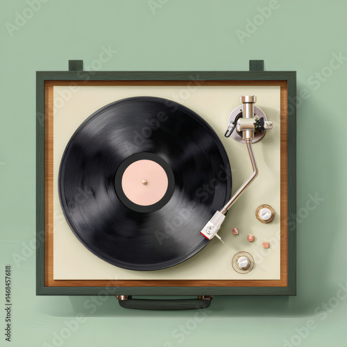 A detailed overhead shot of a retro turntable playing a vinyl record on a green backdrop.