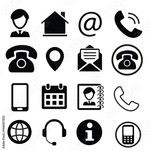 Business icon for company. Web icon set. Phone, name, website, address, location and mail logo symbol sign pack. Contact information icons for business cards