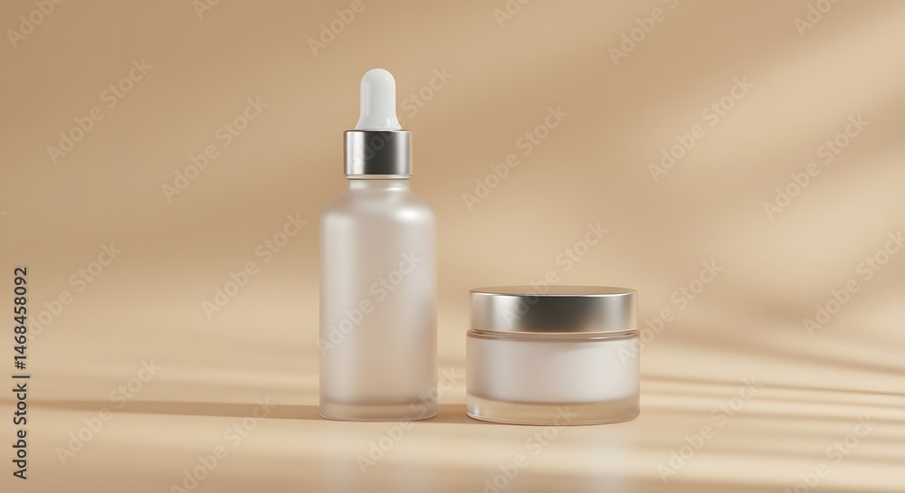 Elegant Skincare Products Including Serum Bottle and Cream Jar on Soft Beige Background Elegant Skincare Products Including Serum Bottle and Cream Jar on Soft Beige Background