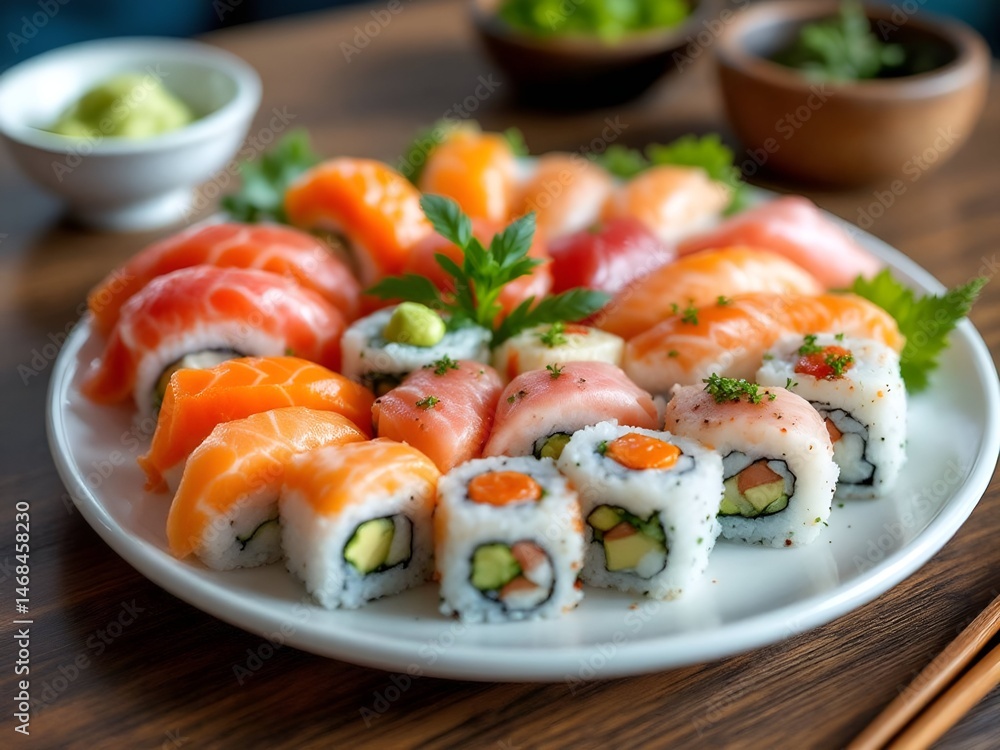 A variety of nigiri and maki sushi rolls, garnished with herbs and wasabi, served on a white plate. A variety of nigiri and maki sushi rolls, garnished with herbs and wasabi, served on a white plate.