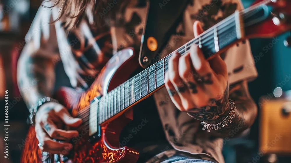 Naklejka premium Musician passionately playing an electric guitar in a cozy indoor setting with warm lighting