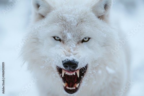 Arctic wolf snarling in snow