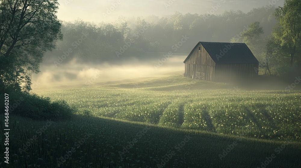 Foggy morning in a field with a barn in the distance. The barn is old and wooden Foggy morning in a field with a barn in the distance. The barn is old and wooden