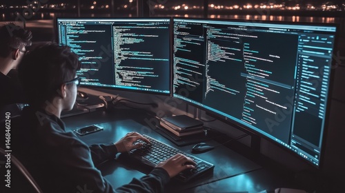 Teamwork in cybersecurity analysis investigating network threats and defending system from attacks with multi screen display at night