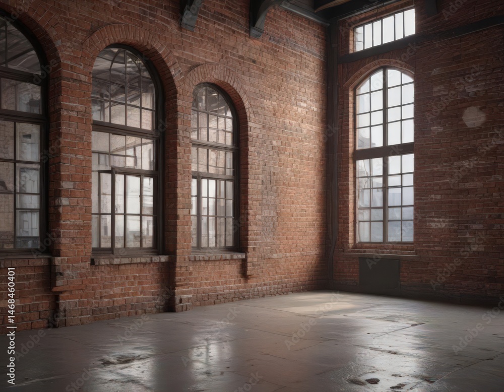 Exposed brick walls, minimalist furniture, large windows, table, room Exposed brick walls, minimalist furniture, large windows, table, room