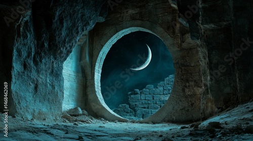 Crescent Moon Night Scene in Stone Arch