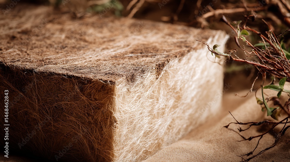 Fototapeta premium Close, up of a biodegradable mycelium box showcasing its fibrous texture in soft light on a rustic eco, friendly background