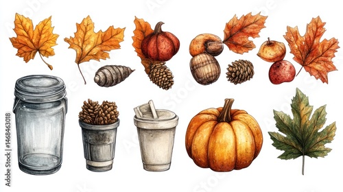 Autumnal illustrations of gourds, leaves, and cones