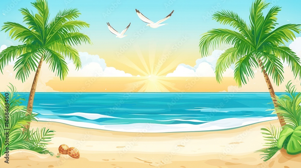 Obraz premium Tropical Beach Sunrise Palm Trees Ocean and Birds