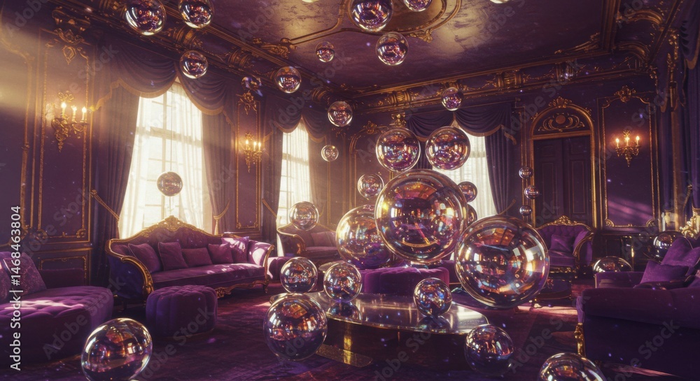 Obraz premium Luxurious purple room filled with reflective orbs