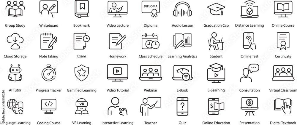 Online Education Vector Icons Set, Isolated on White Background. Online Education Vector Icons Set, Isolated on White Background.