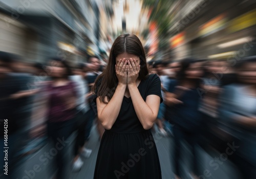A stressed woman in a crowd covers her face in anxiety, representing panic and being overwhelmed.
