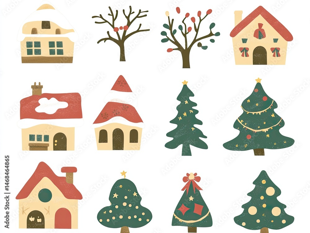 Collection of simple, festive winter houses and trees. Collection of simple, festive winter houses and trees.