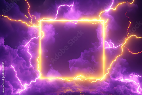 Vibrant lightning strikes illuminate a mystical purple sky, creating a dramatic frame for creativity