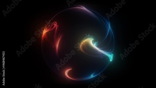 Dynamic sphere of swirling, colorful energy streams in a seamless loop, perfect for futuristic and abstract backgrounds