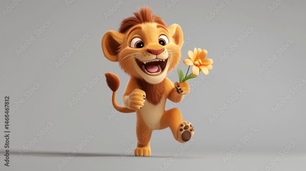 Fototapeta premium Animated lion cub holding flower, studio shot, happy expression