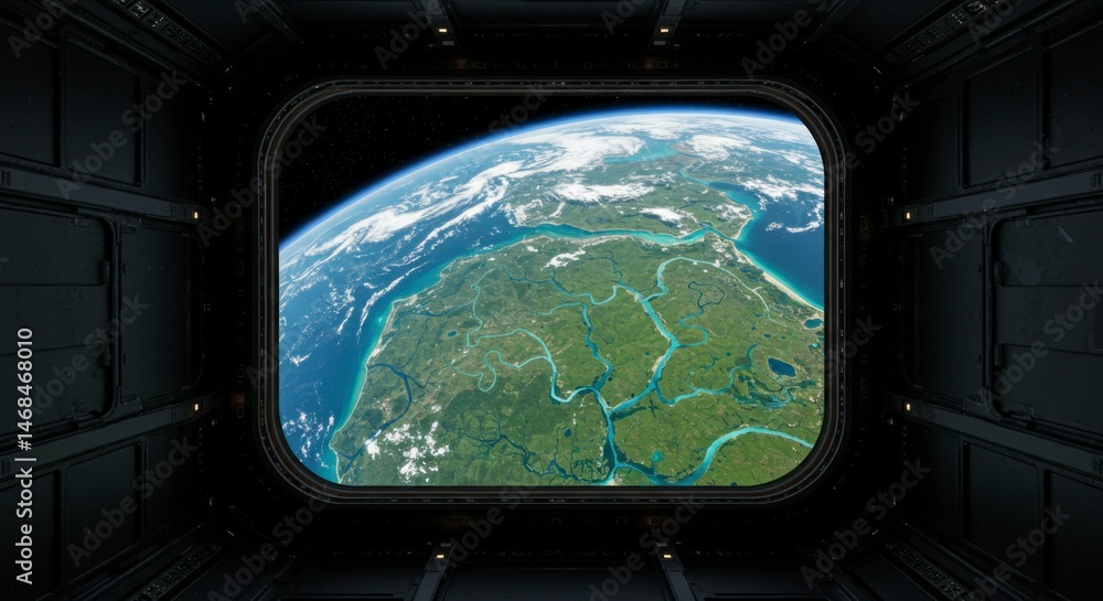Naklejka premium Spacecraft window view of Earth with detailed landscape