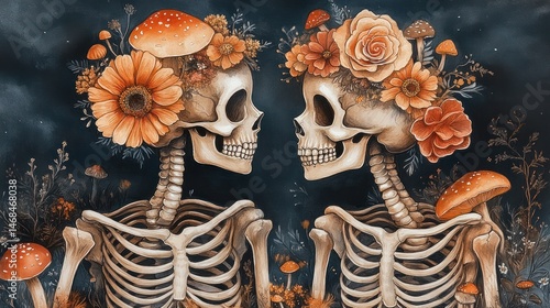 Two skeletons adorned with autumn flowers and mushrooms, facing each other