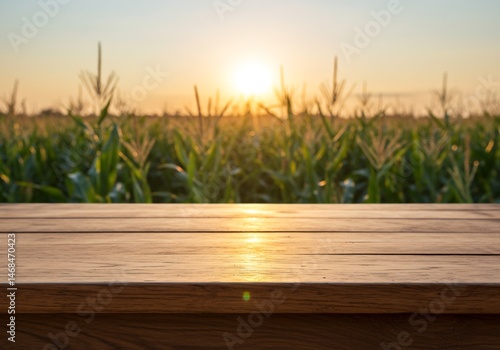 Empty wooden table with a blurred cornfield at sunrise in the background. Rustic, agricultural backdrop with copy space for food or product display