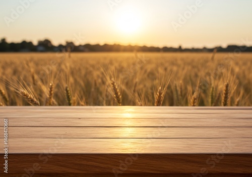 Empty wooden table overlooking a golden wheat field at sunrise. Rustic, agricultural background with copy space for food or product placement