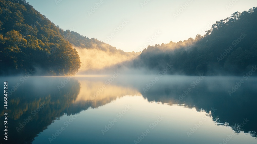 Fototapeta premium Serene Sunrise Over Misty Lake and Forest