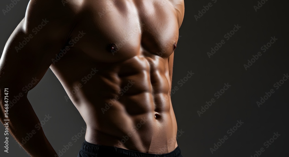 Fototapeta premium Close-Up Portrait of Muscular Male Torso Highlighting Defined Abs in Dark Studio Lighting