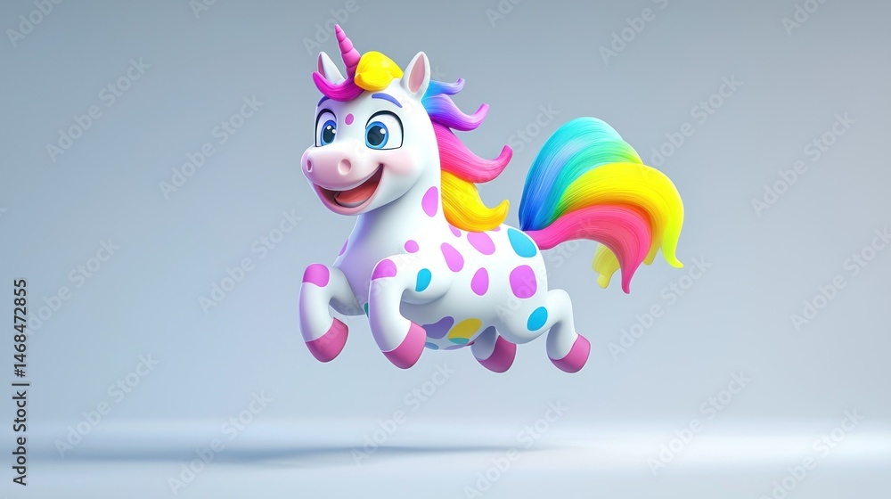 Fototapeta premium Happy cartoon unicorn jumping in studio