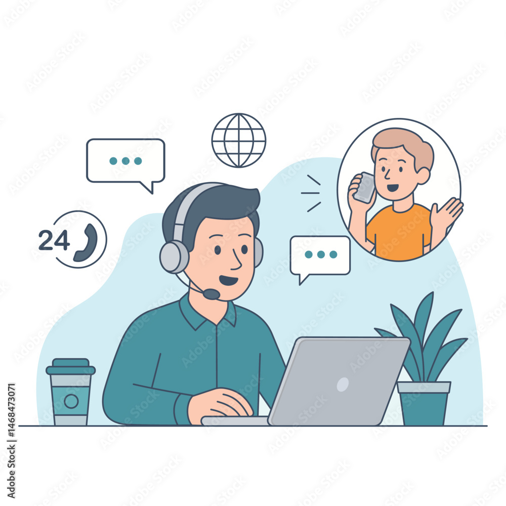 EPS | Customer Support Call Center Concept – Flat Vector Illustration with Friendly Service Agent EPS | Customer Support Call Center Concept – Flat Vector Illustration with Friendly Service Agent