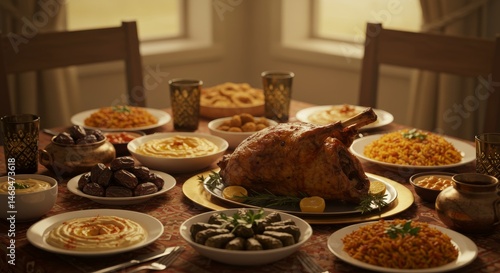 Delicious Middle Eastern Feast Laid Out on Table Ready for Ramadan Iftar with Roast Chicken, Hummus, Dates, and Rice for a Festive Celebration
