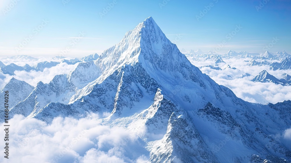 Obraz premium Mountain covered in snow and clouds. The sky is blue and the clouds are white