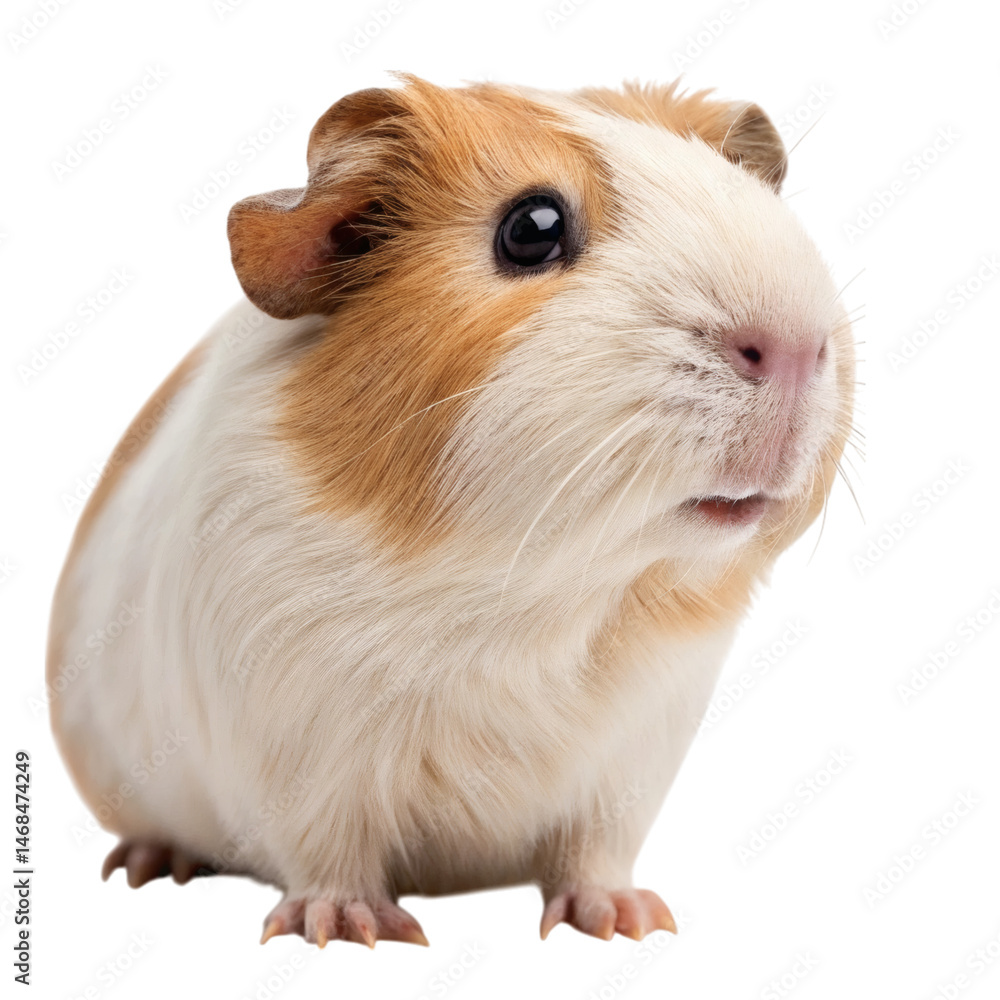 Fototapeta premium Alert guinea pig with white and brown fur and a curious expression, with small feet, isolated on transparent background