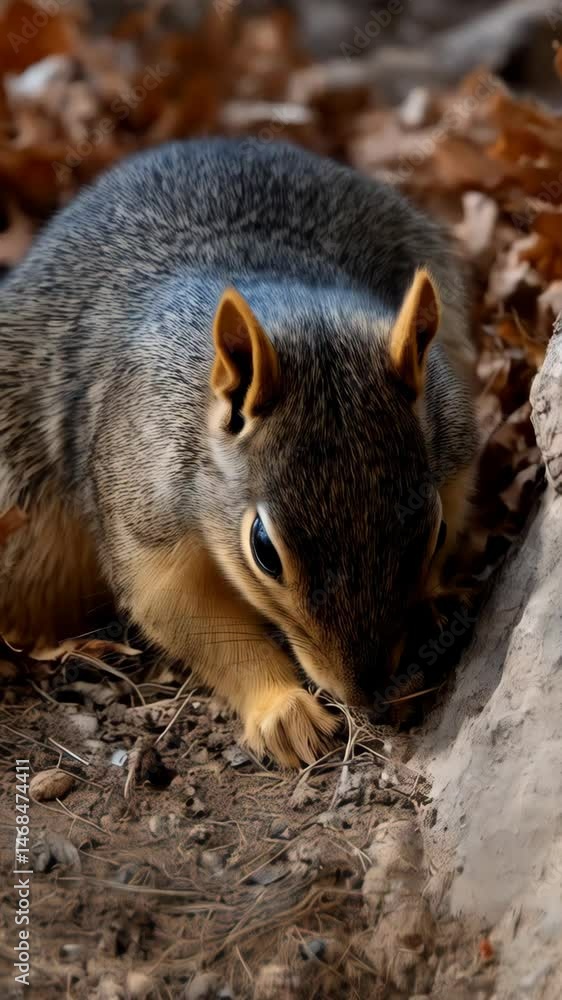 Close up view of a wild squirrel amidst autumn leaves looking directly at the camera, standing on ground. Wildlife nature scene with cute animal. Close up view of a wild squirrel amidst autumn leaves looking directly at the camera, standing on ground. Wildlife nature scene with cute animal.