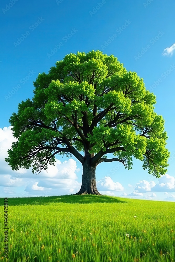 Fototapeta premium Ancient oak, solitary in vast field, blue sky , blue, majestic