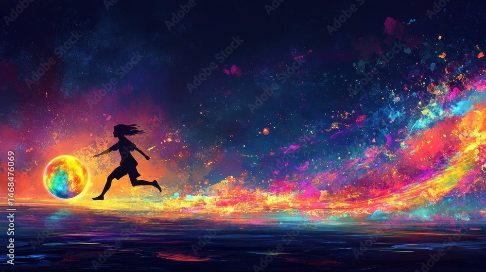 Naklejka premium Silhouette of a young woman running across a vibrant, colorful landscape, kicking a glowing orb.